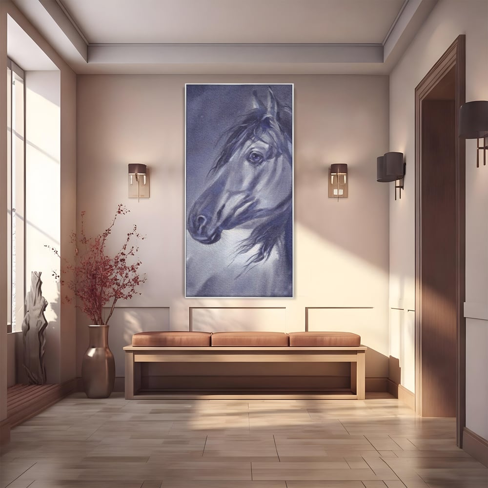 Tablou canvas cu tablou canvas cu portret de cal gri, in rama de aluminiu argintiu